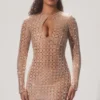 Ilana Embellished Semi-Sheer Cut-Out Mini Dress in Almond