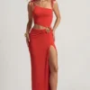 Imara Textured Jersey Asymmetric Maxi Dress in Chilli Red
