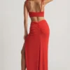 Imara Textured Jersey Asymmetric Maxi Dress in Chilli Red