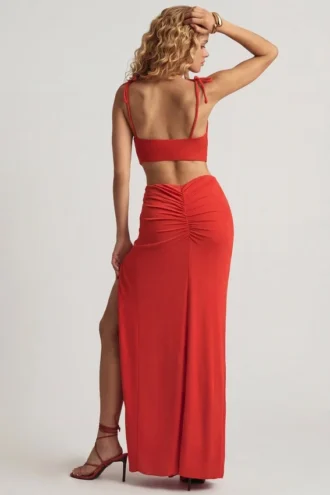 Imara Textured Jersey Asymmetric Maxi Dress in Chilli Red