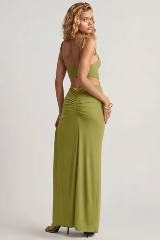 Imara Textured Jersey Asymmetric Maxi Dress in Olive Green