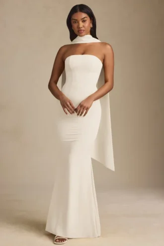 Imogene Scarf-Detail Strapless Gown in Ivory