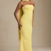 Imogene Scarf-Detail Strapless Gown in Pastel Yellow