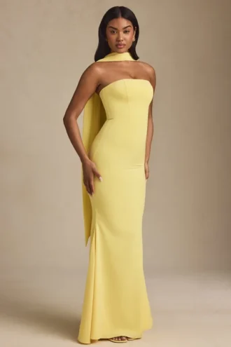 Imogene Scarf-Detail Strapless Gown in Pastel Yellow
