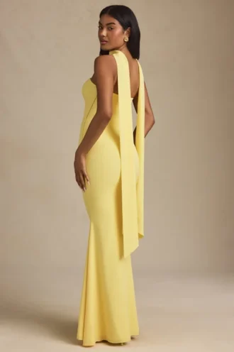 Imogene Scarf-Detail Strapless Gown in Pastel Yellow