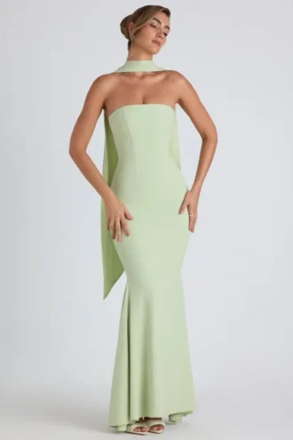 Imogene Scarf-Detail Strapless Gown in Spring Green