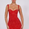 Ines Embellished Sweetheart Corset Mini Dress in Fire Red