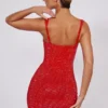 Ines Embellished Sweetheart Corset Mini Dress in Fire Red