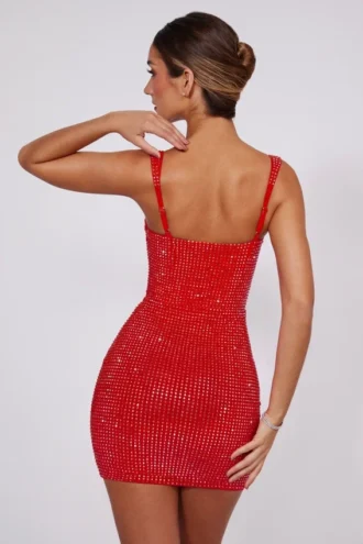 Ines Embellished Sweetheart Corset Mini Dress in Fire Red