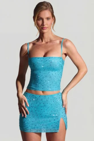 Inina Embellished Mid-Rise Micro Mini Skirt in Aqua Blue