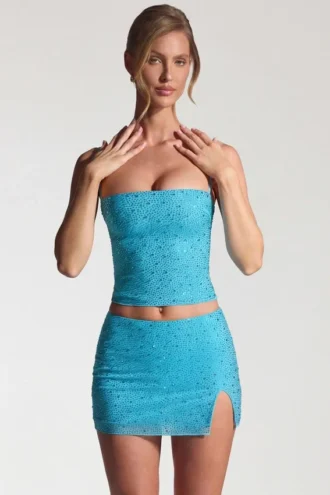 Inina Embellished Mid-Rise Micro Mini Skirt in Aqua Blue