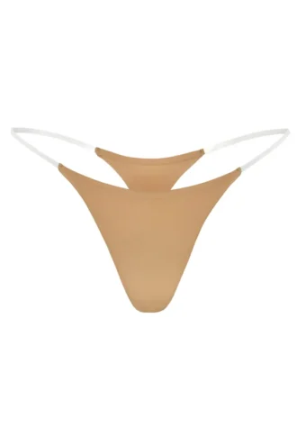 Intimates Seamless Knit Clear Strap Thong in Caramel