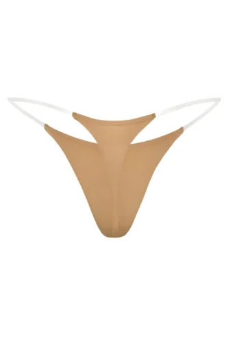 Intimates Seamless Knit Clear Strap Thong in Caramel