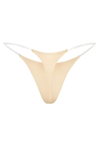 Intimates Seamless Knit Clear Strap Thong in Warm Peach