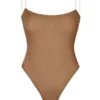 Intimates Soft Mesh Invisible Strap Thong Bodysuit in Almond