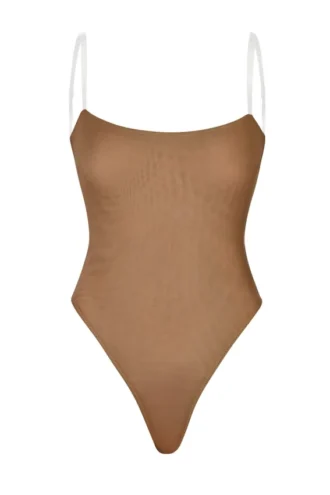 Intimates Soft Mesh Invisible Strap Thong Bodysuit in Almond
