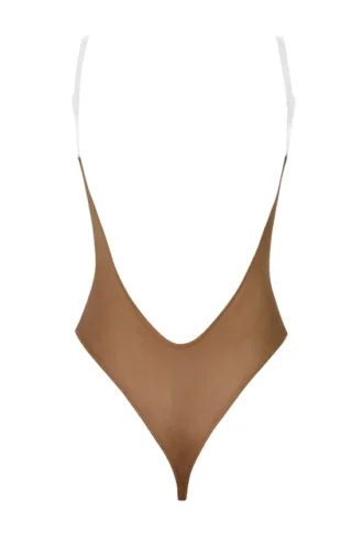 Intimates Soft Mesh Invisible Strap Thong Bodysuit in Almond