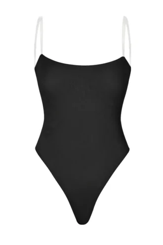 Intimates Soft Mesh Invisible Strap Thong Bodysuit in Black