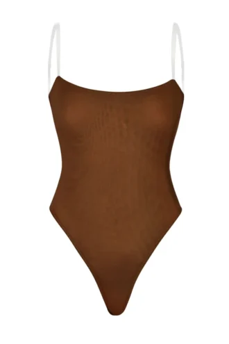 Intimates Soft Mesh Invisible Strap Thong Bodysuit in Chestnut