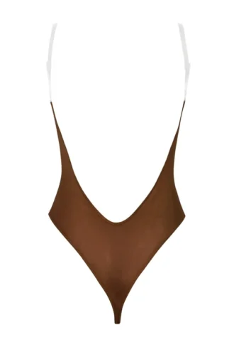 Intimates Soft Mesh Invisible Strap Thong Bodysuit in Chestnut