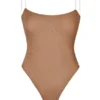 Intimates Soft Mesh Invisible Strap Thong Bodysuit in Honey