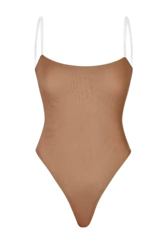 Intimates Soft Mesh Invisible Strap Thong Bodysuit in Honey