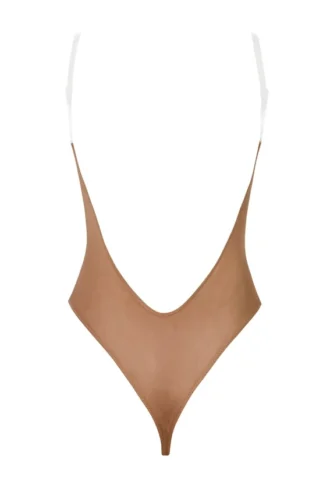 Intimates Soft Mesh Invisible Strap Thong Bodysuit in Honey