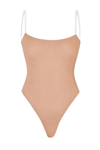 Intimates Soft Mesh Invisible Strap Thong Bodysuit in Warm Peach