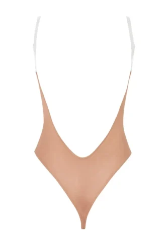 Intimates Soft Mesh Invisible Strap Thong Bodysuit in Warm Peach