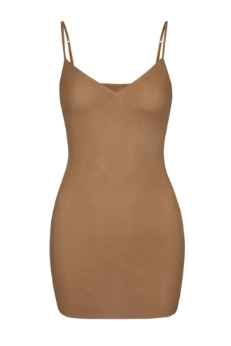 Intimates Soft Mesh V-Neck Mini Slip Dress in Almond