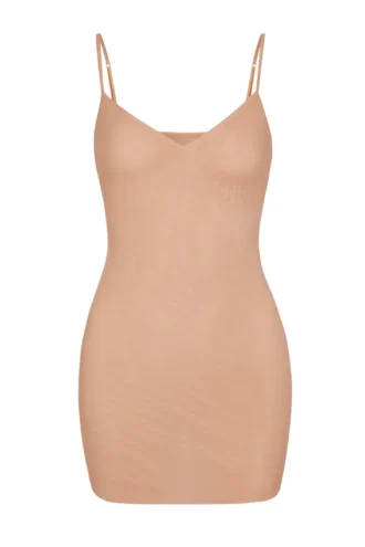 Intimates Soft Mesh V-Neck Mini Slip Dress in Warm Peach