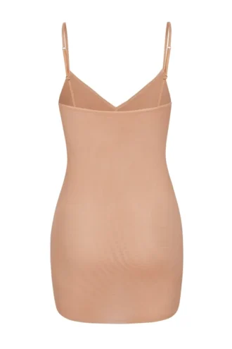 Intimates Soft Mesh V-Neck Mini Slip Dress in Warm Peach