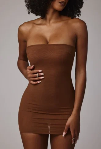 Intimates Soft Sheer-Mesh Bandeau Mini Slip Dress in Mocha