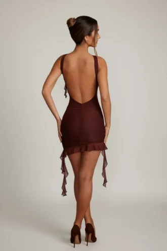 Iolanda Backless Ruffle Detailing Mini Dress in Brown