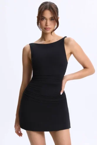 Ione Modal Ruched A-Line Micro Mini Dress in Black