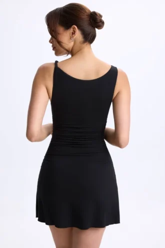 Ione Modal Ruched A-Line Micro Mini Dress in Black