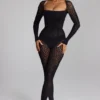 Irina Long-Sleeve Seamless Knit Jumpsuit in Black