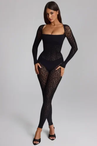 Irina Long-Sleeve Seamless Knit Jumpsuit in Black