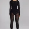 Irina Long-Sleeve Seamless Knit Jumpsuit in Black