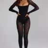 Irina Long-Sleeve Seamless Knit Jumpsuit in Black