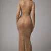 Isabeau Sheer Embellished Long Sleeve Evening Gown in Almond
