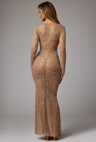 Isabeau Sheer Embellished Long Sleeve Evening Gown in Almond