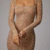 Isabeau Sheer Embellished Long Sleeve Evening Gown in Almond