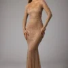 Isabeau Sheer Embellished Long Sleeve Evening Gown in Almond