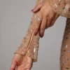 Isabeau Sheer Embellished Long Sleeve Evening Gown in Almond