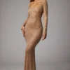 Isabeau Sheer Embellished Long Sleeve Evening Gown in Almond