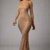 Isabeau Sheer Embellished Long Sleeve Evening Gown in Almond