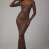 Isabeau Sheer Embellished Long Sleeve Evening Gown in Deep Cocoa