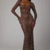Isabeau Sheer Embellished Long Sleeve Evening Gown in Deep Cocoa