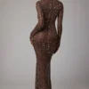 Isabeau Sheer Embellished Long Sleeve Evening Gown in Deep Cocoa